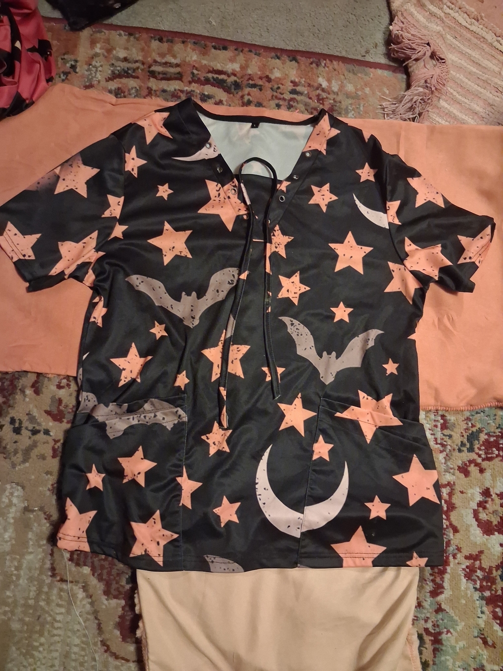 Star & Moon Print Scrub Top in Black and Peach